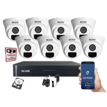 ZESTAW MONITORINGU IP BCS-B-NVR0801-8P(2.0) + 8x BCS-B-EIP12FR3(2.0) 2MPX 2.8mm IR30 1TB